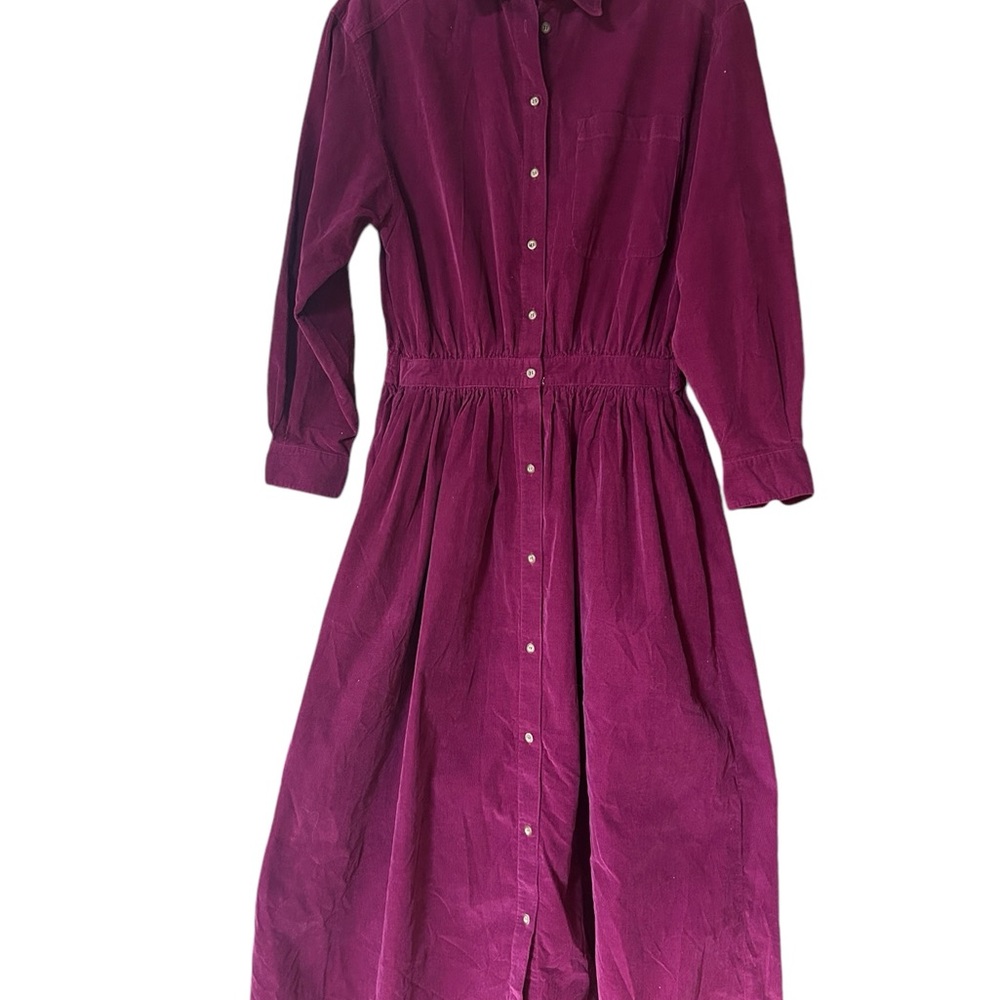 Vintage Eddie Bauer Maroon corduroy button front waist defined maxi dress medium